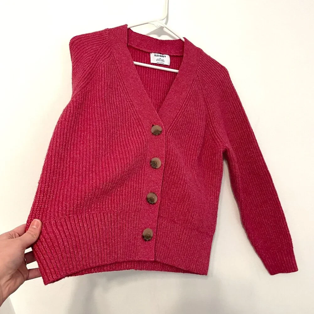 OLD NAVY Shaker Stitch Cardigan Sweater Magenta / Berry Pink Chunky Knit Relaxed - Picture 11 of 15